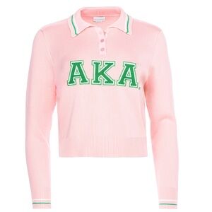 AKA Pink Knit Polo Sweater with Green Lettering